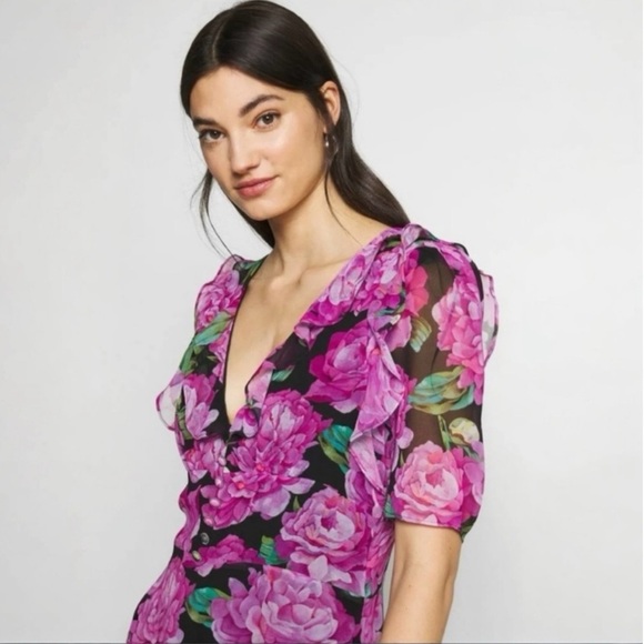 THE KOOPLES Winter Peonies Floral Print Short Sleeve  Ruffled Mini Dress Large - Picture 10 of 14
